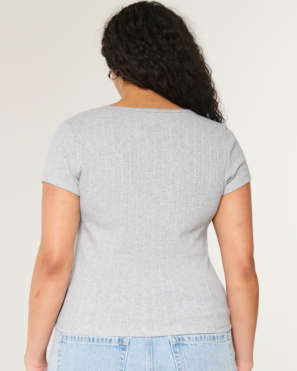Short-Sleeve Button-Through Pointelle Top, Light Heather Gray view 2