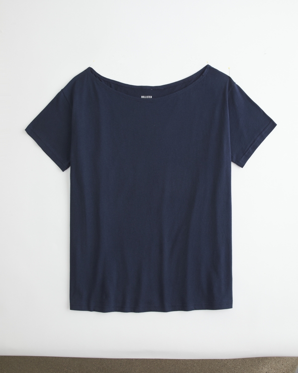 Easy Off-the-Shoulder T-Shirt, Navy Blue view 1