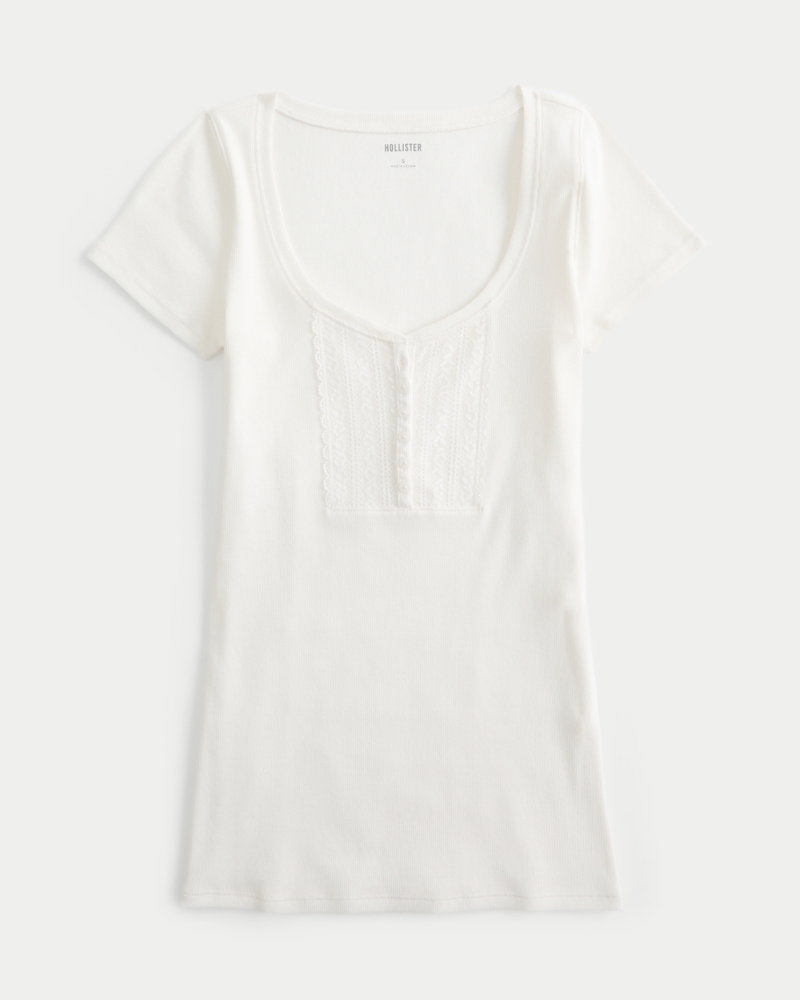 Ribbed Lace Placket Scoop Henley