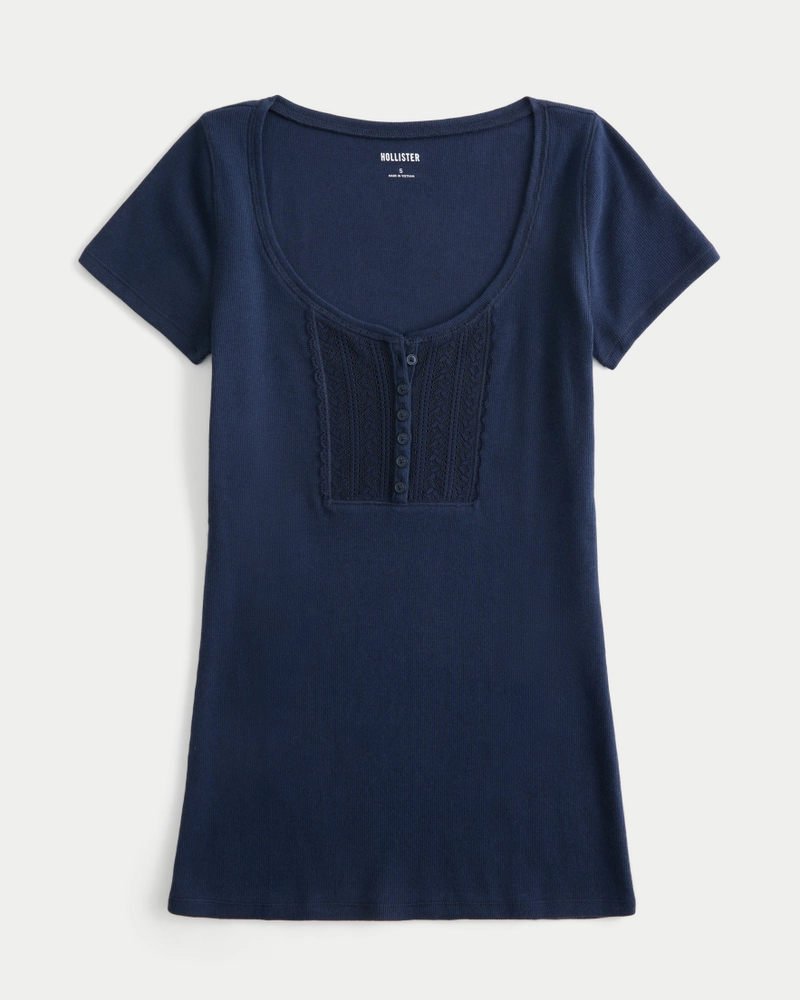 Ribbed Lace Placket Scoop Henley