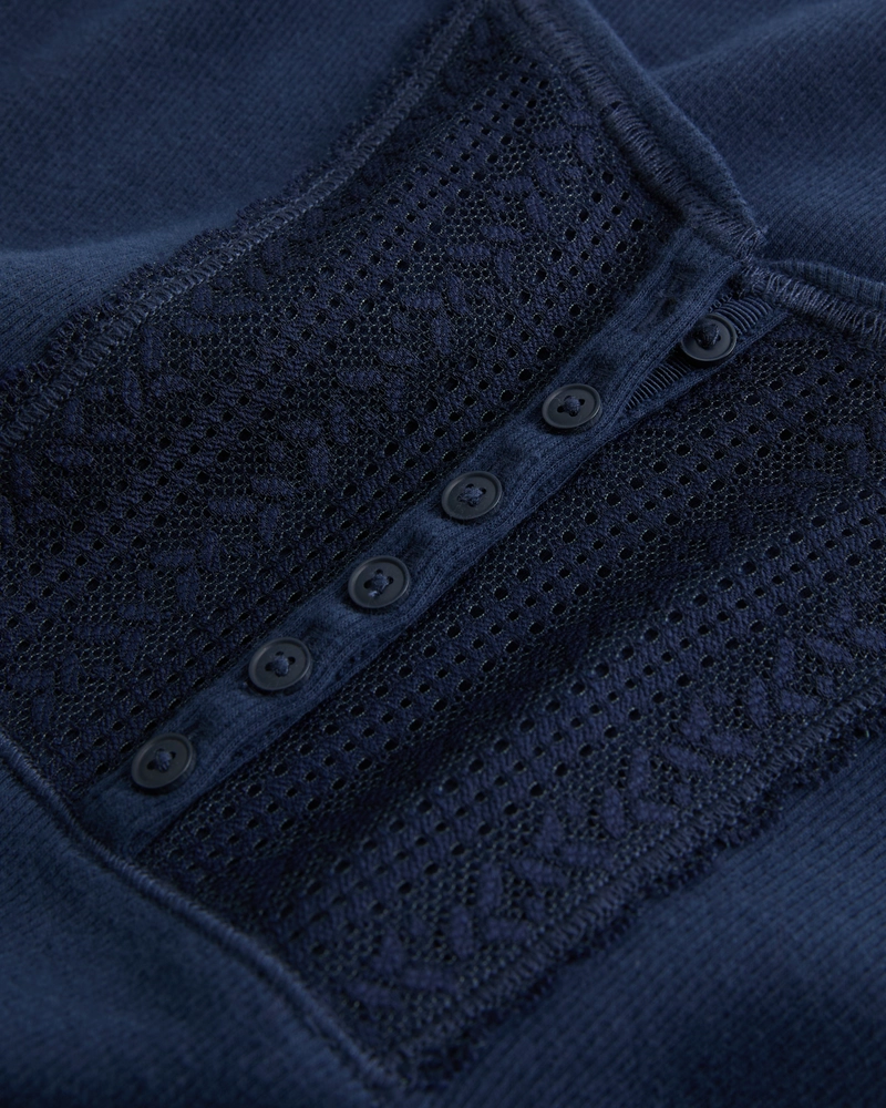 Ribbed Lace Placket Scoop Henley
