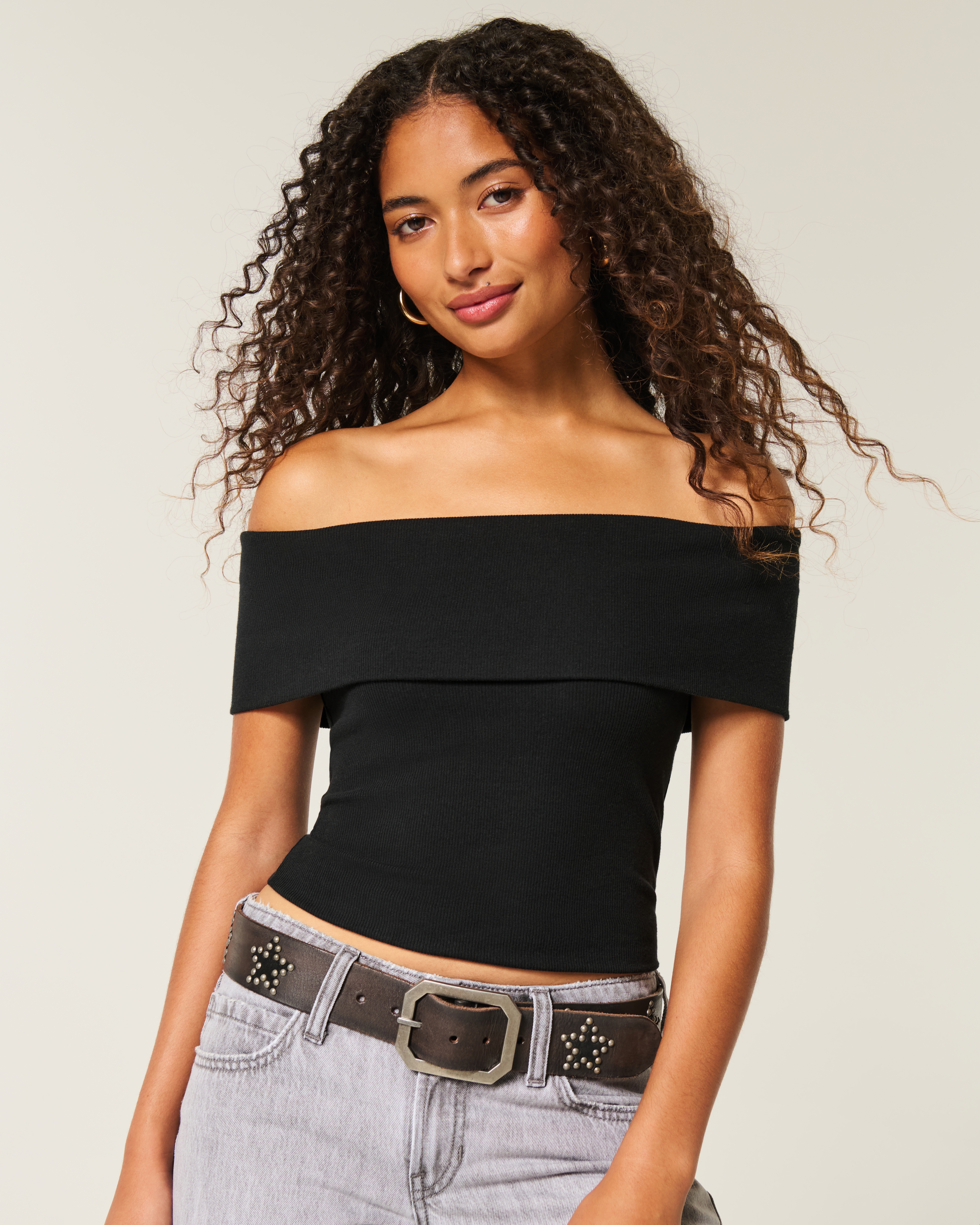Ribbed Off-the-Shoulder Foldover Top