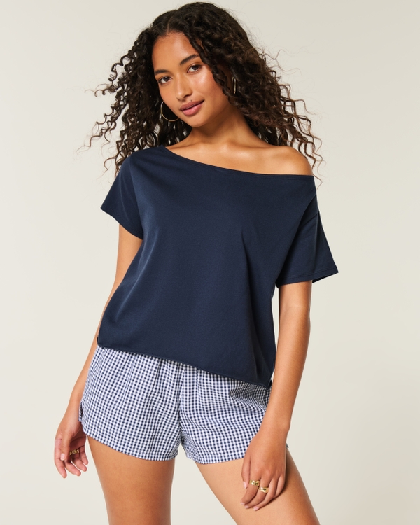 Easy Off-the-Shoulder T-Shirt, Navy Blue view 1