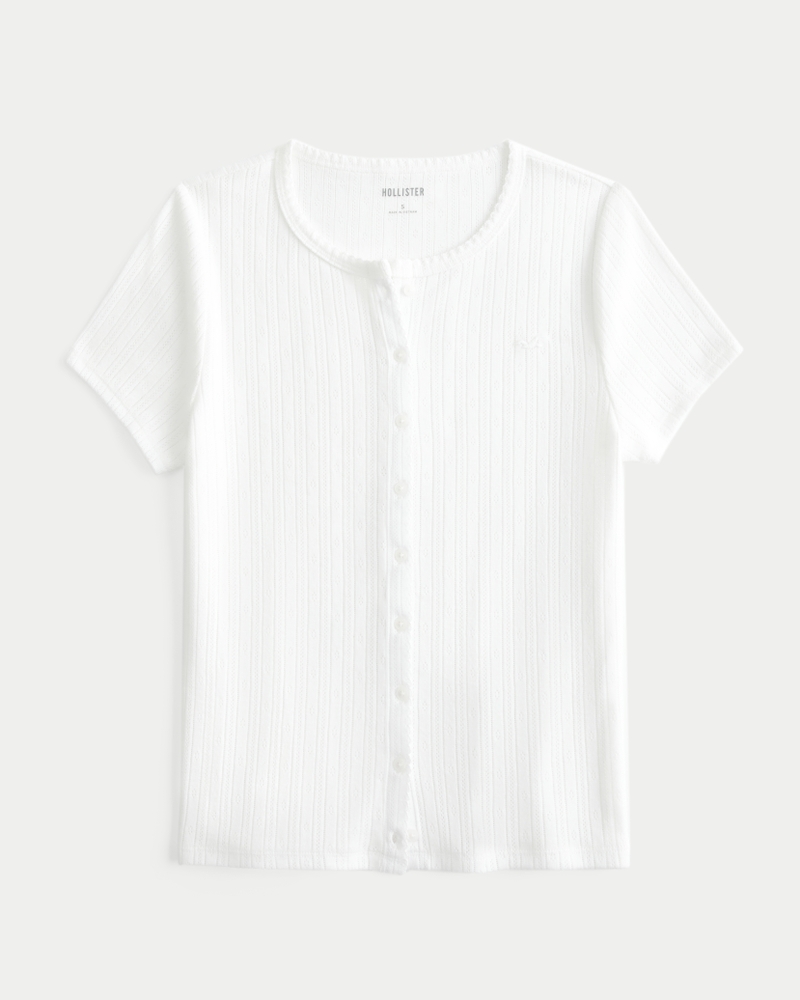 Women's Short-Sleeve Pointelle Button-Through Top Women's Sale