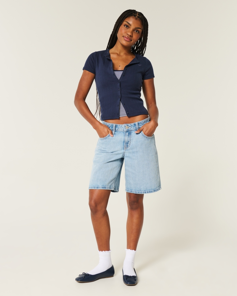 Short-Sleeve Pointelle Button-Through Top