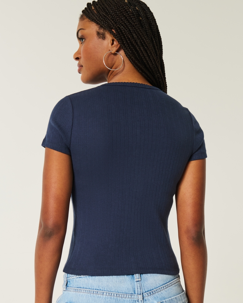 Short-Sleeve Pointelle Button-Through Top