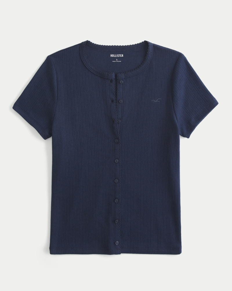 Short-Sleeve Pointelle Button-Through Top