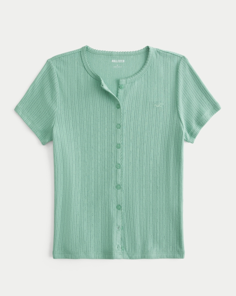 Women's Short-Sleeve Pointelle Icon Button-Through Top Women's