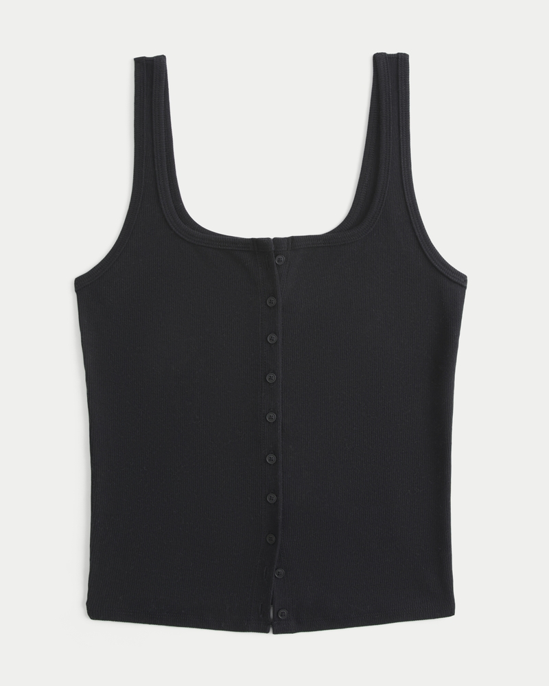 Ribbed Button-Through Square-Neck Tank