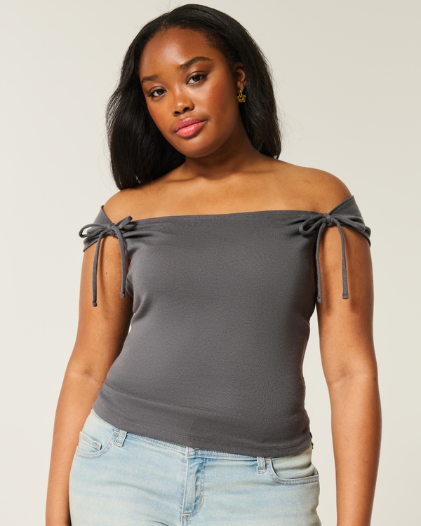 Off-the-Shoulder Tie Sleeve Top, Charcoal Gray view 1