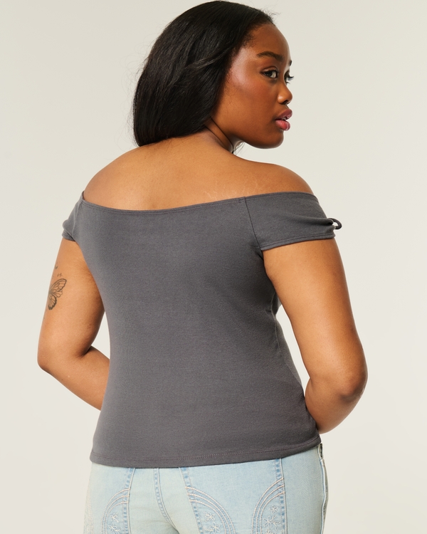 Off-the-Shoulder Tie Sleeve Top, Charcoal Gray view 2