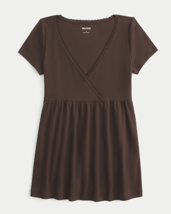 Easy Short-Sleeve Lace Trim Babydoll Top, Espresso view 1