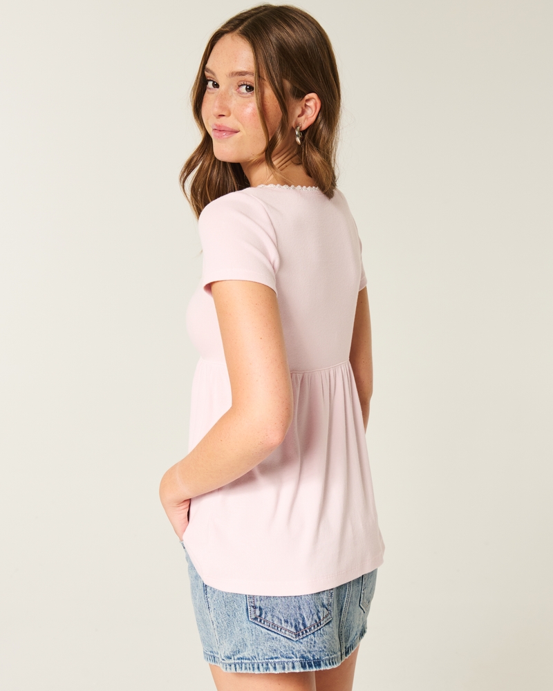 Easy Short-Sleeve Lace Trim Babydoll Top