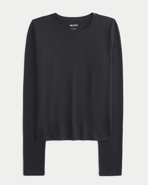 Seamless Fabric Long-Sleeve Crew Top, Black view 1