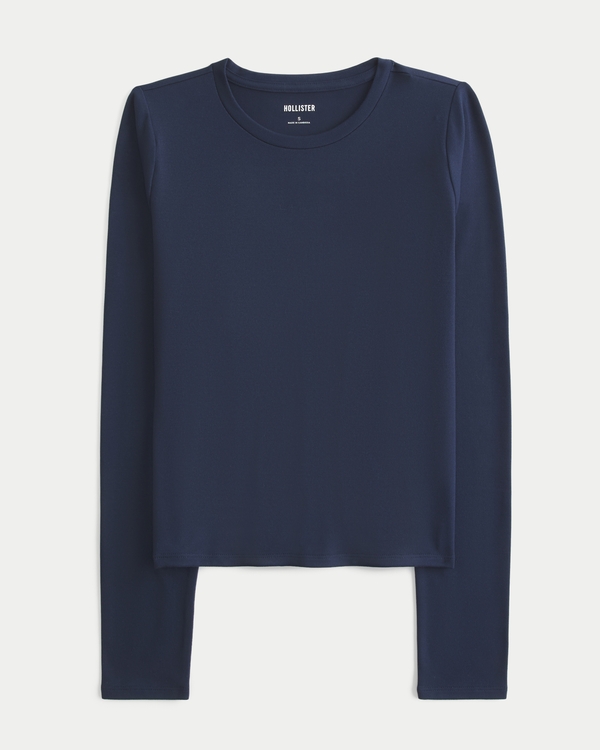 Seamless Fabric Long-Sleeve Crew Top, Navy Blue view 1
