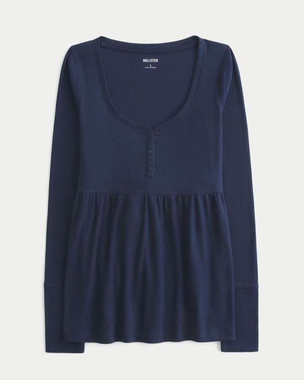 Tie-Back Henley Babydoll Top, Navy Blue view 1