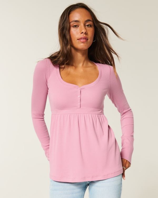 Tie-Back Henley Babydoll Top, Rose view 1