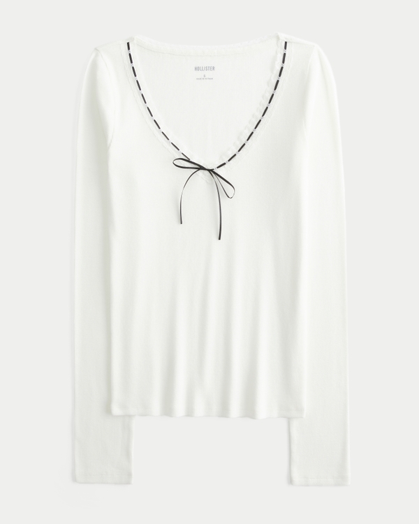 Long-Sleeve Lace Trim Top, Cloud White view 1