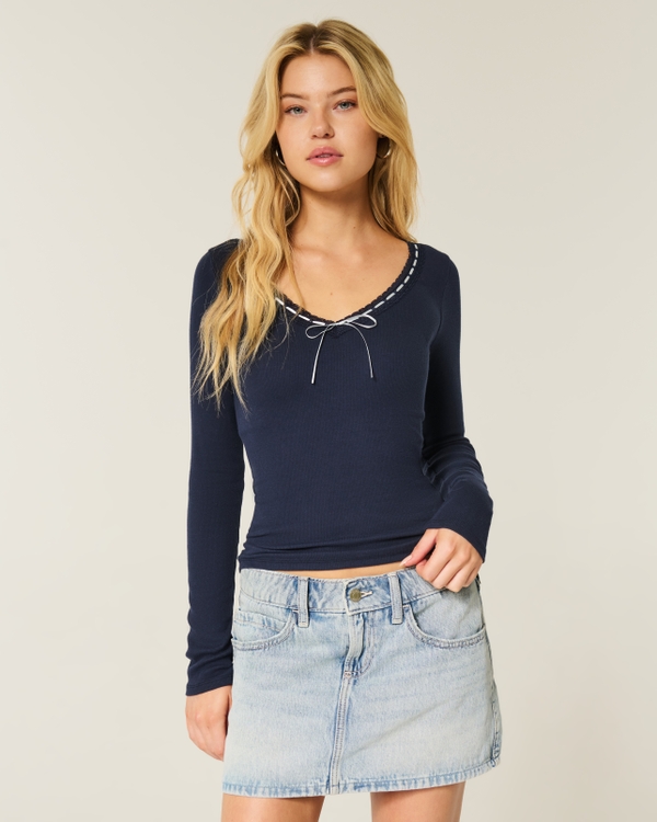 Long-Sleeve Lace Trim Top, Navy Blue view 1