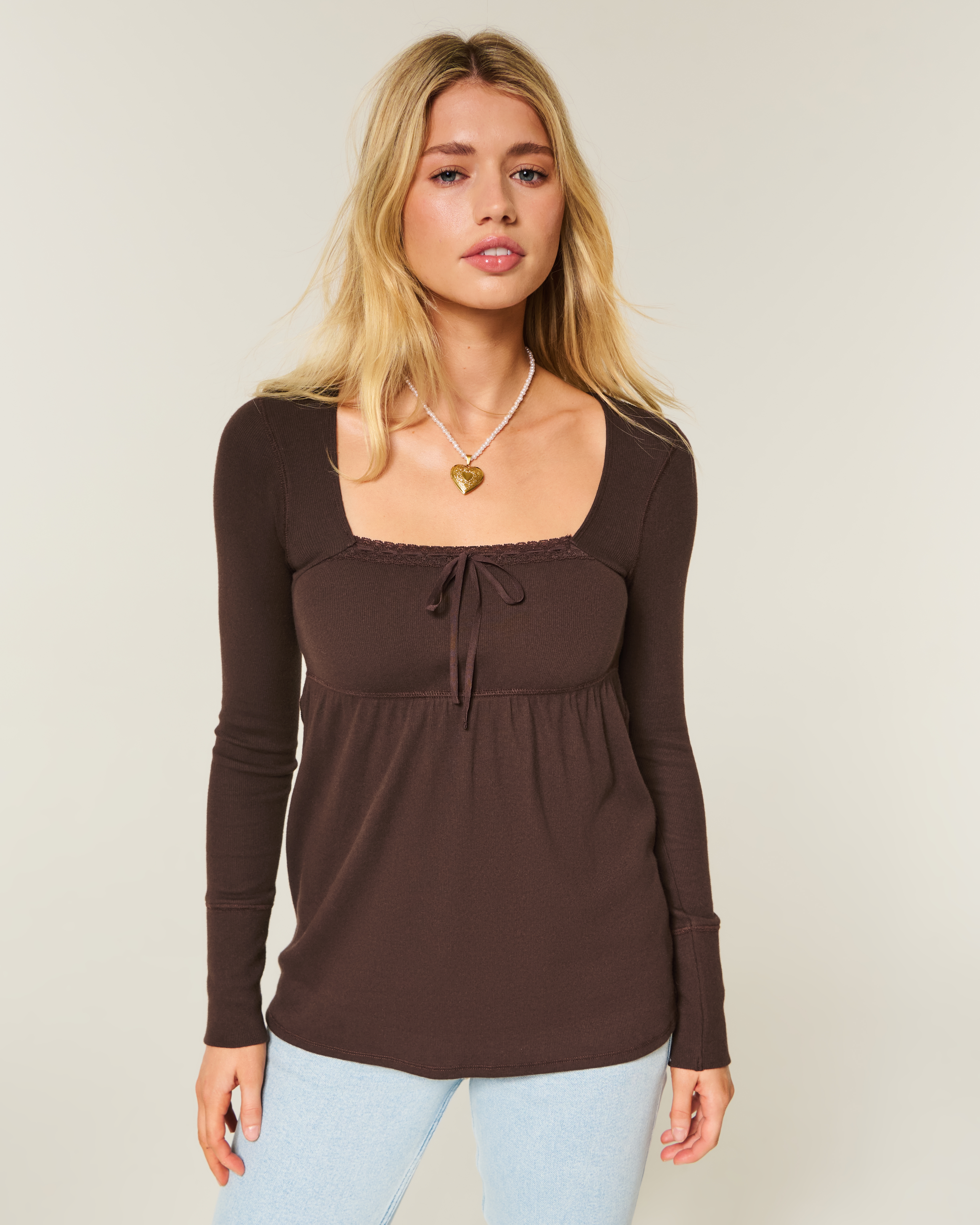 Easy Lace Trim Long-Sleeve Babydoll Top