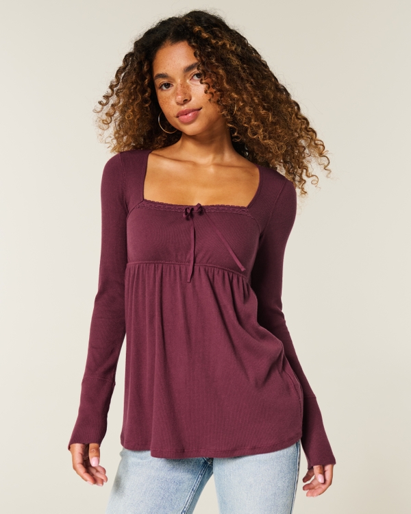 Easy Lace Trim Long-Sleeve Babydoll Top, Mulberry view 1