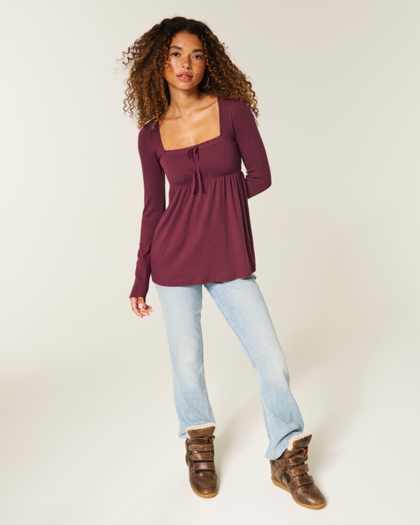 Easy Lace Trim Long-Sleeve Babydoll Top, Mulberry view 2
