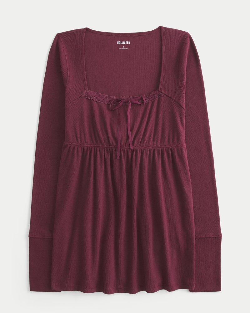 Easy Lace Trim Long-Sleeve Babydoll Top