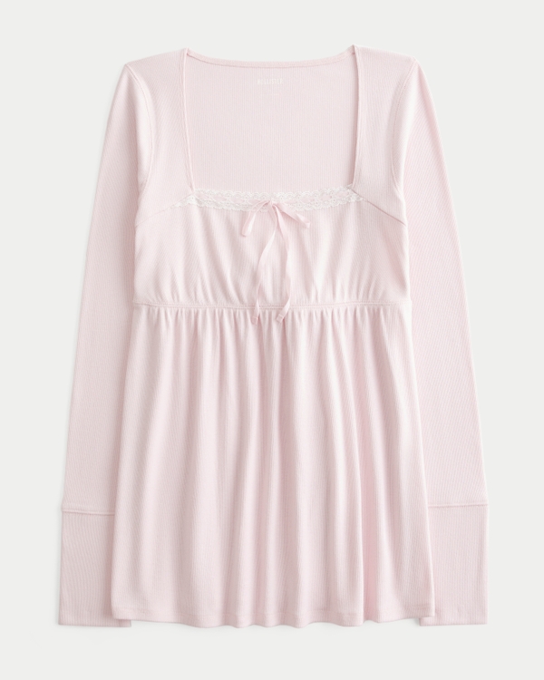 Easy Lace Trim Long-Sleeve Babydoll Top