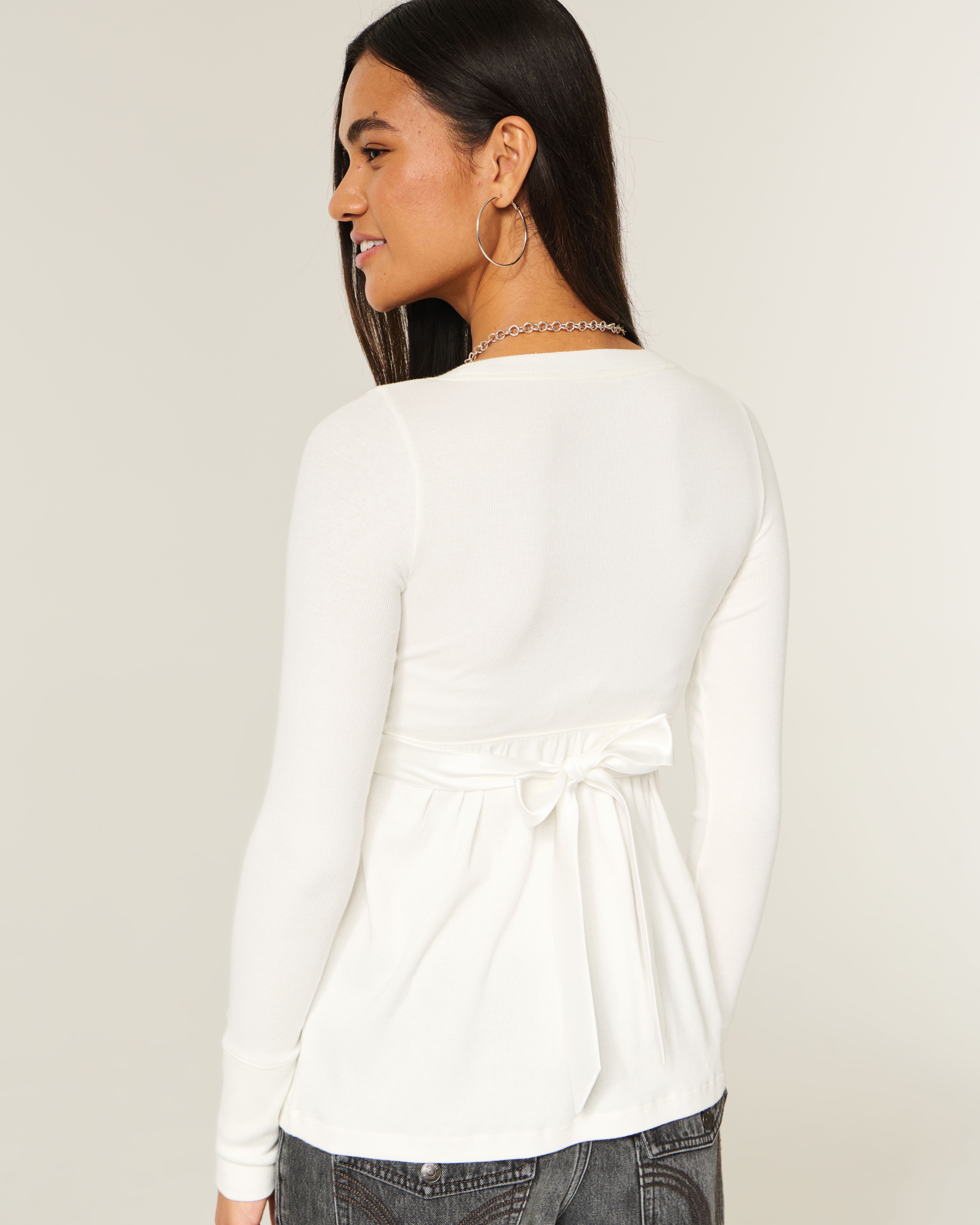 Easy Long-Sleeve Wrap-Front Babydoll Top