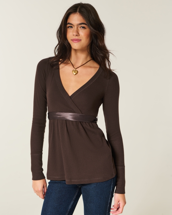 Easy Long-Sleeve Wrap-Front Babydoll Top, Espresso view 1
