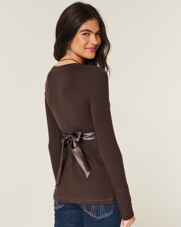 Easy Long-Sleeve Wrap-Front Babydoll Top, Espresso view 2