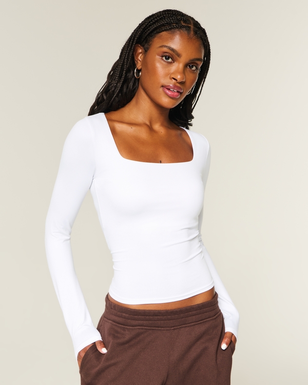 Long-Sleeve Seamless Fabric Square-Neck Baby Tee, White view 1