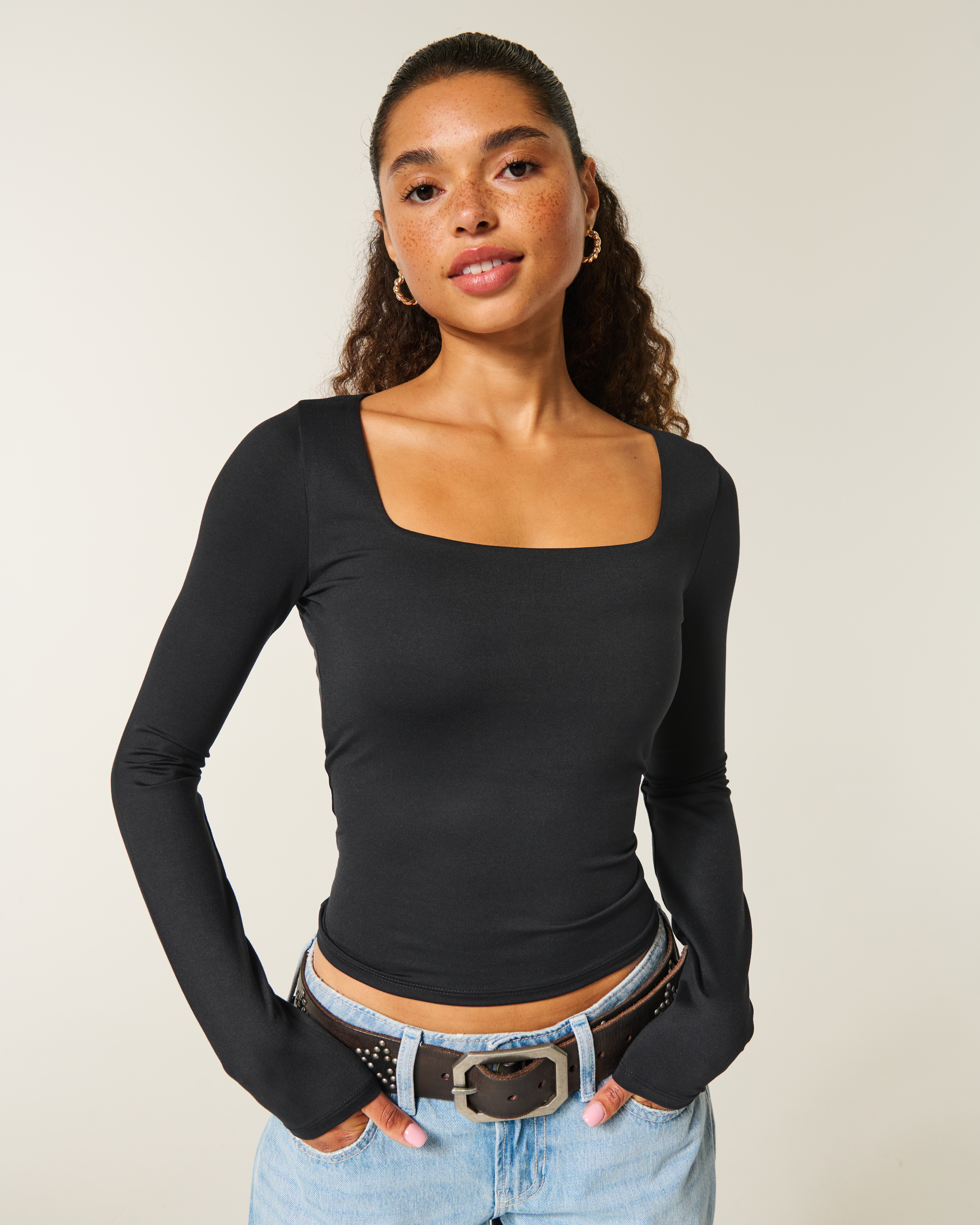 Long-Sleeve Seamless Fabric Square-Neck Baby Tee