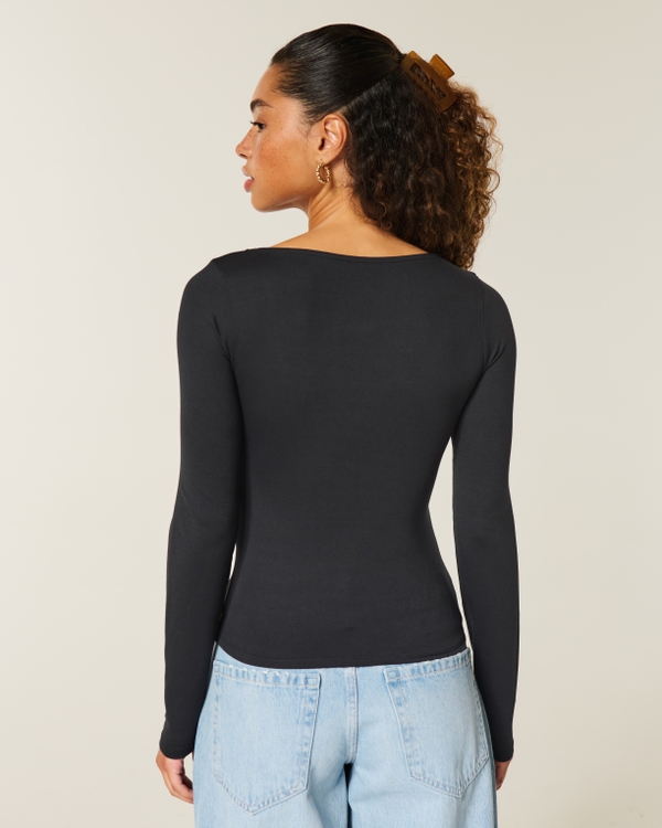 Long-Sleeve Seamless Fabric Square-Neck Baby Tee, Black view 2