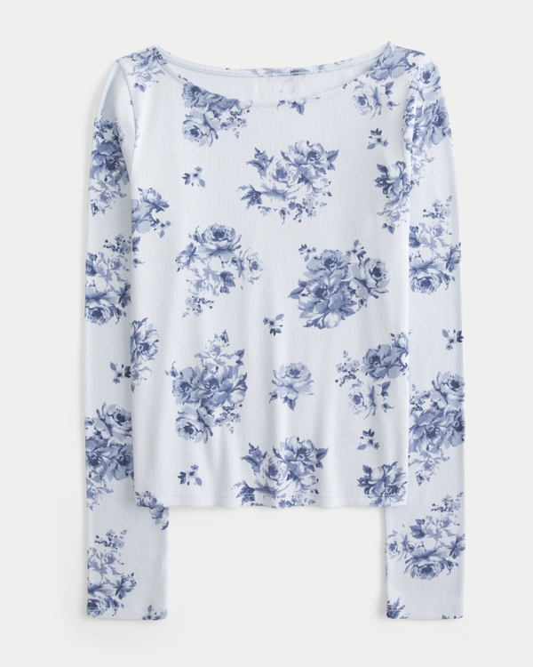 Long-Sleeve Slash-Neck Top, Light Blue Floral view 1