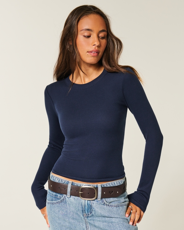 Long-Sleeve Crew Top, Navy Blue view 1