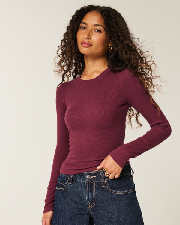 Long-Sleeve Crew Top, Mulberry view 1