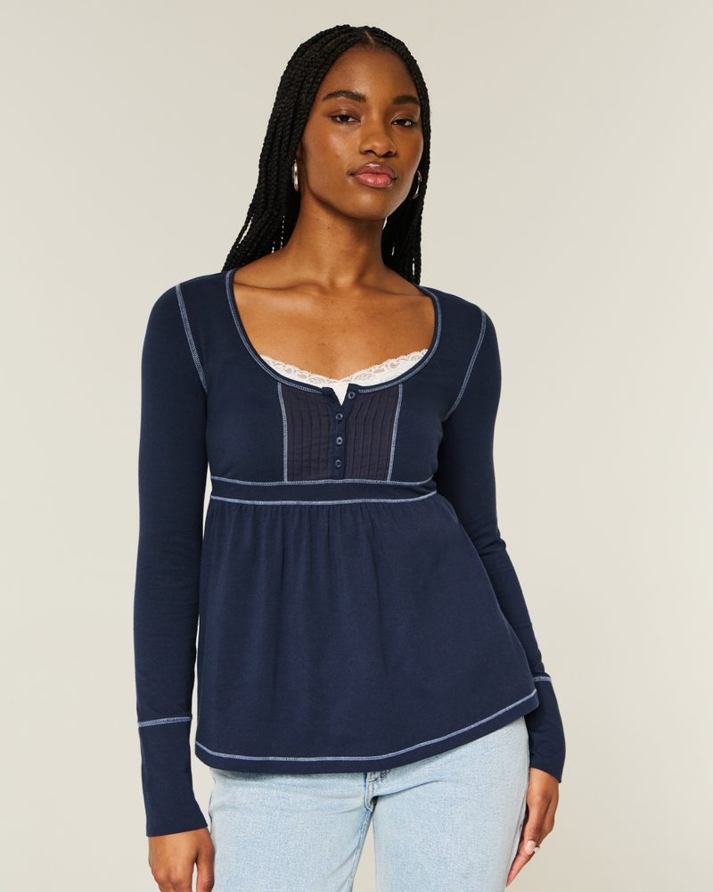 Women's Long-Sleeve Henley Babydoll Top | Women's Tops