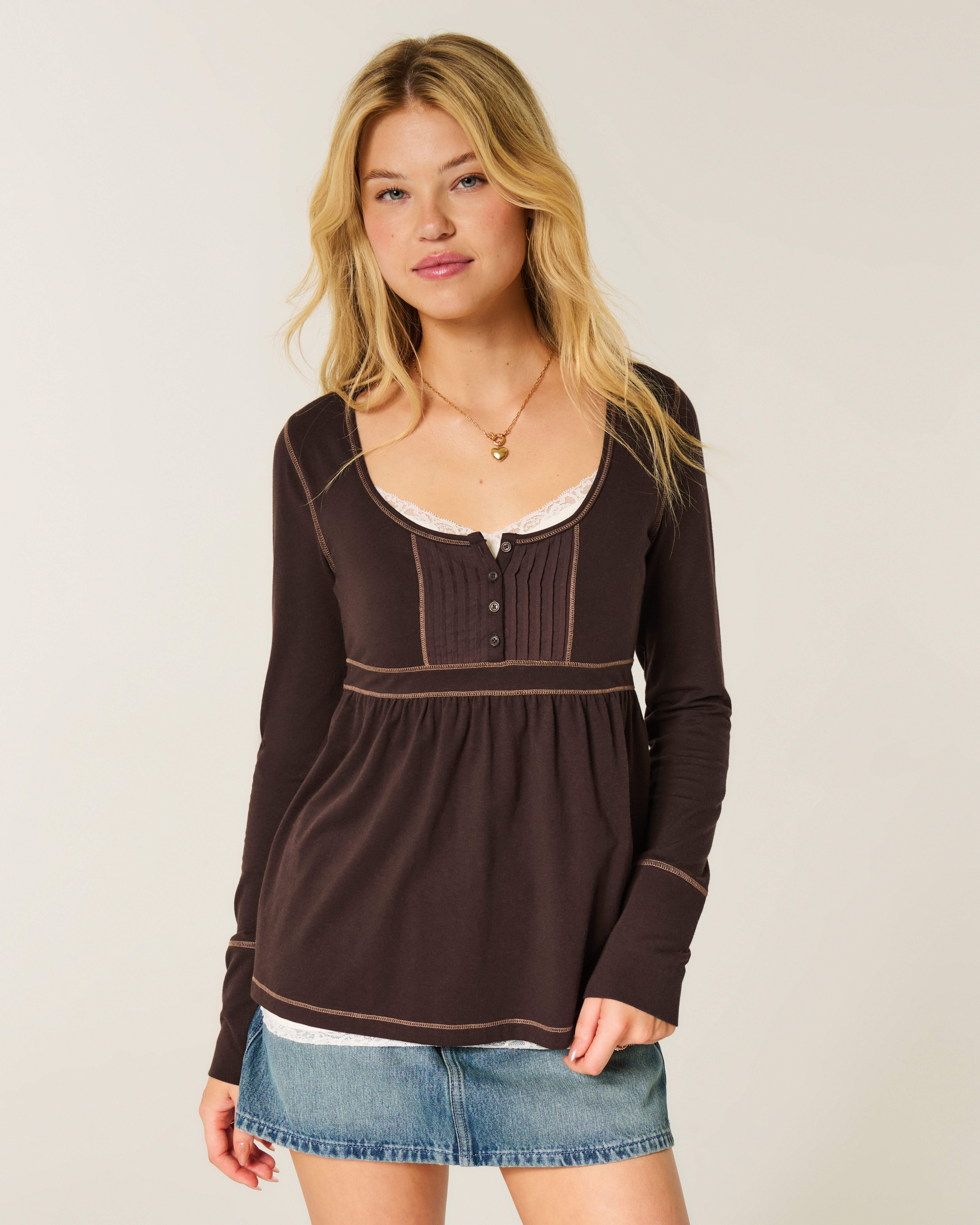 Long-Sleeve Henley Babydoll Top