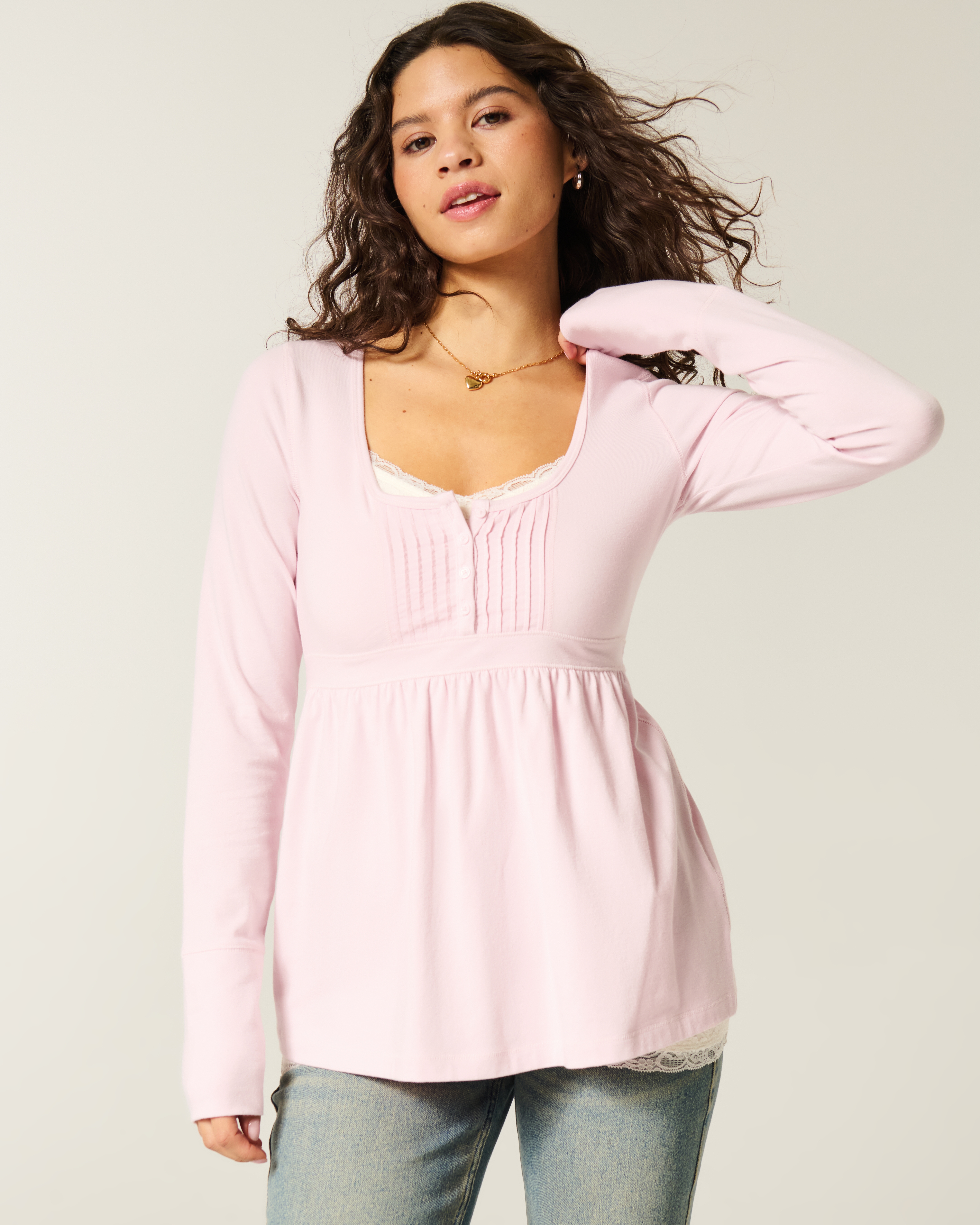 Long-Sleeve Henley Babydoll Top