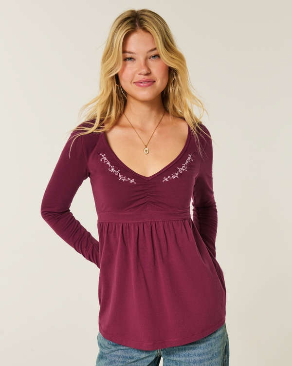 Long-Sleeve Pinch Bust Babydoll Top, Mulberry view 1