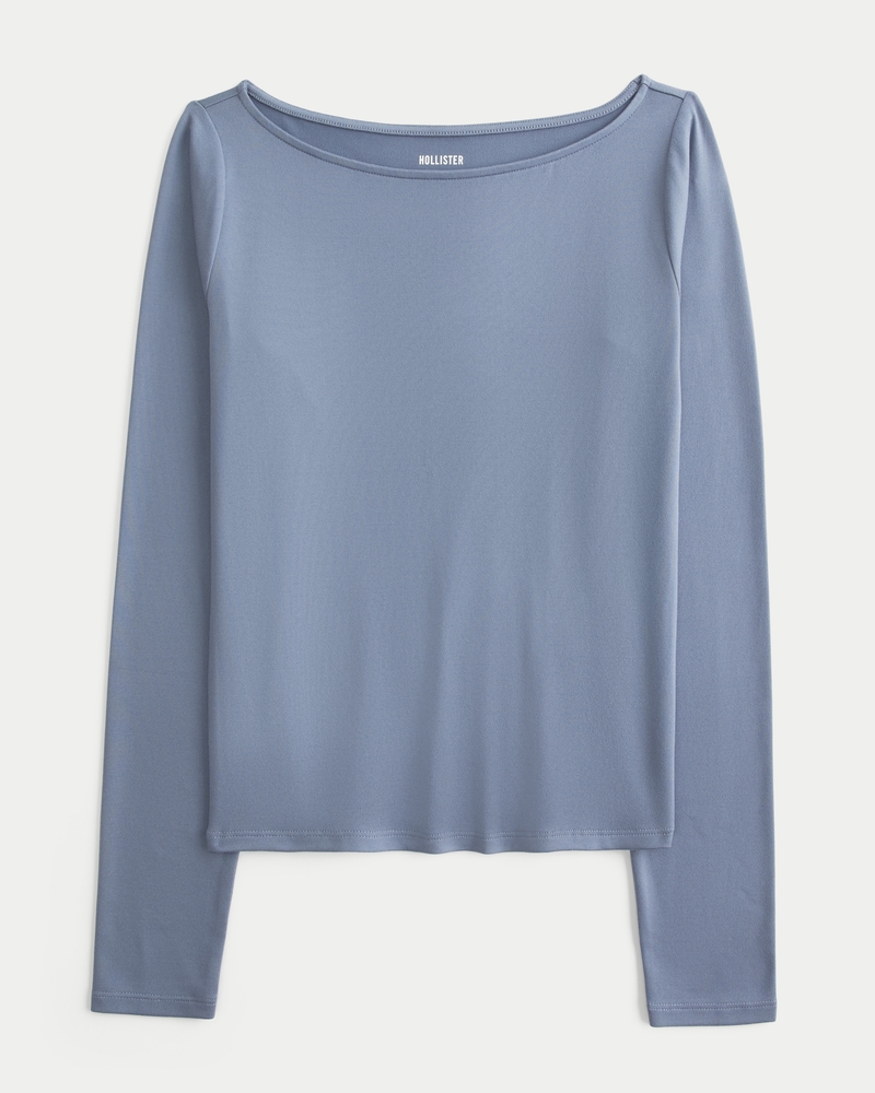 Long-Sleeve Seamless Fabric Slash-Neck Top