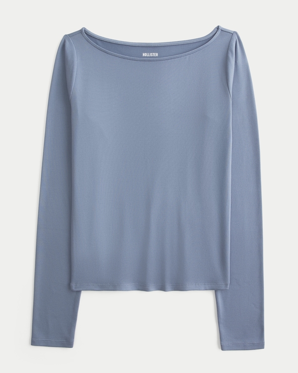Long-Sleeve Seamless Fabric Slash-Neck Top