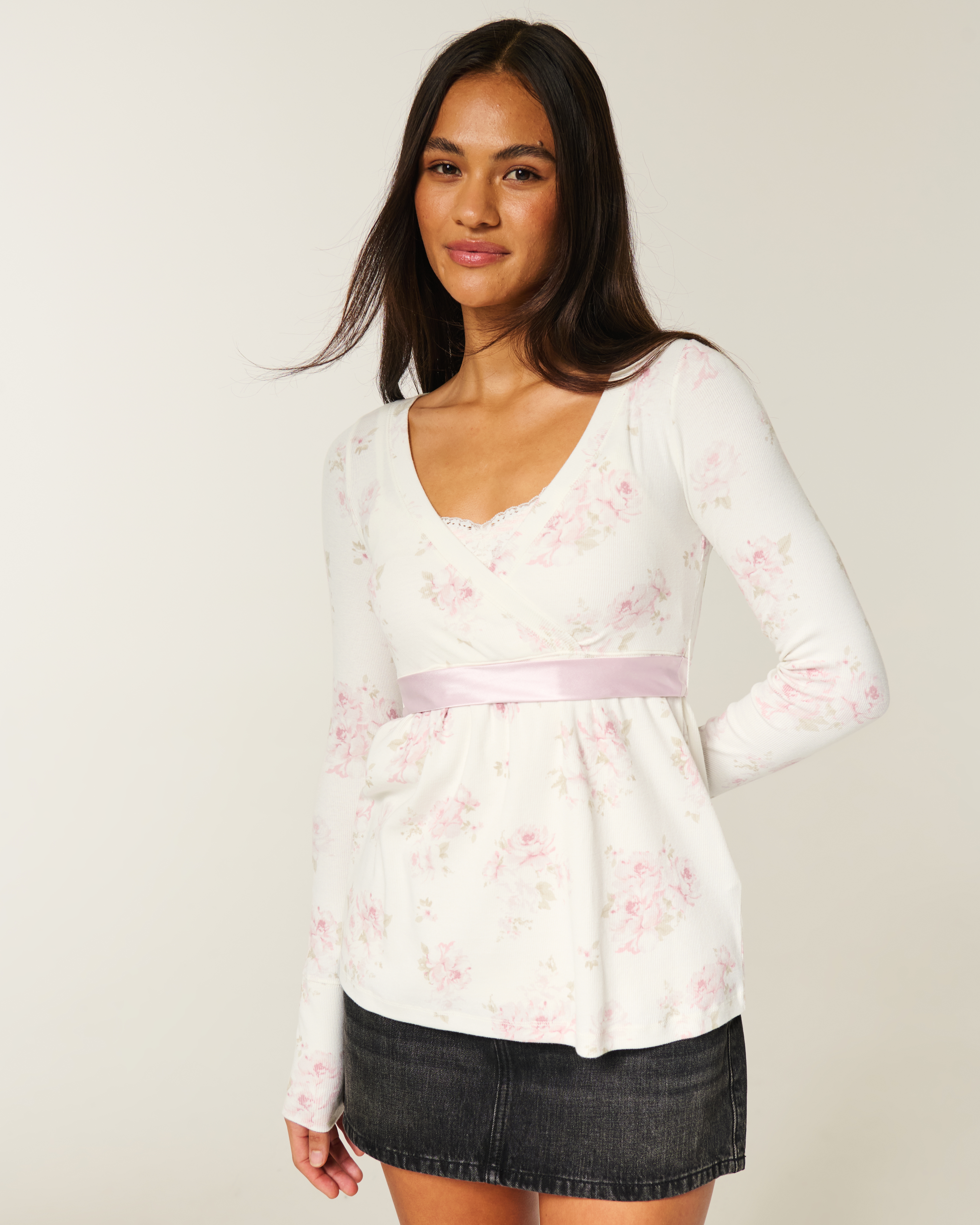 Easy Long-Sleeve Wrap-Front Babydoll Top