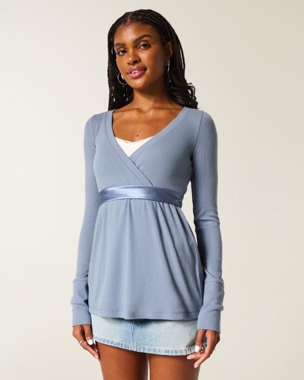 Easy Long-Sleeve Wrap-Front Babydoll Top, Blue Grey view 1