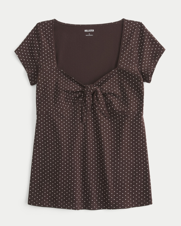 Lässiges Babydoll-Oberteil mit Schnürung an der Brust, Espresso Mit Punkten view 1