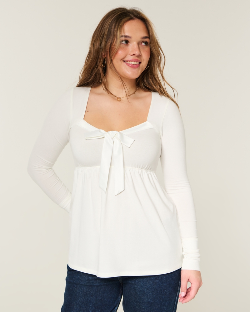 Easy Satin Tie-Front Knit Babydoll Top