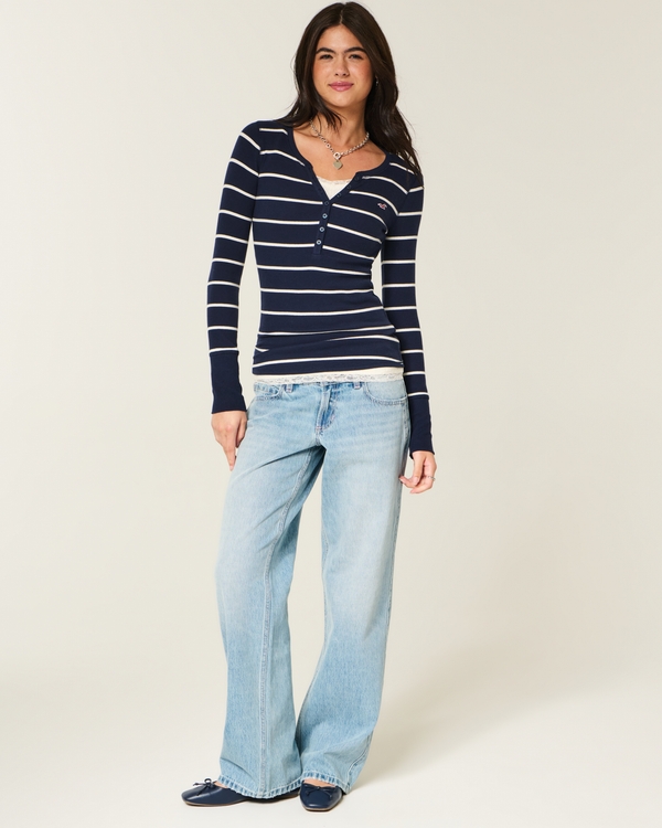 Long-Sleeve Icon Henley, Navy Blue Stripe view 2