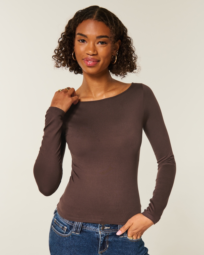 Women's Long-Sleeve Seamless Fabric Slash-Neck Top | Women's Tops