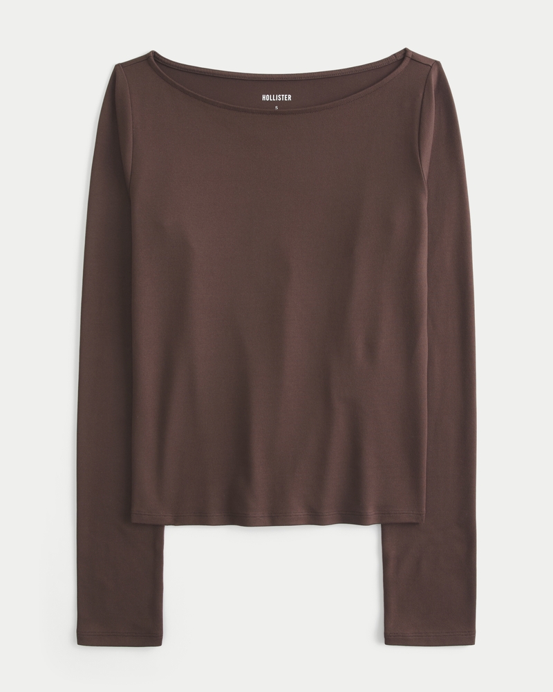 Long-Sleeve Seamless Fabric Slash-Neck Top